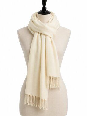 Vintage USSR Wool Blend Cream Fringe Scarf Shawl Wrap 160x70 cm Soft Warm